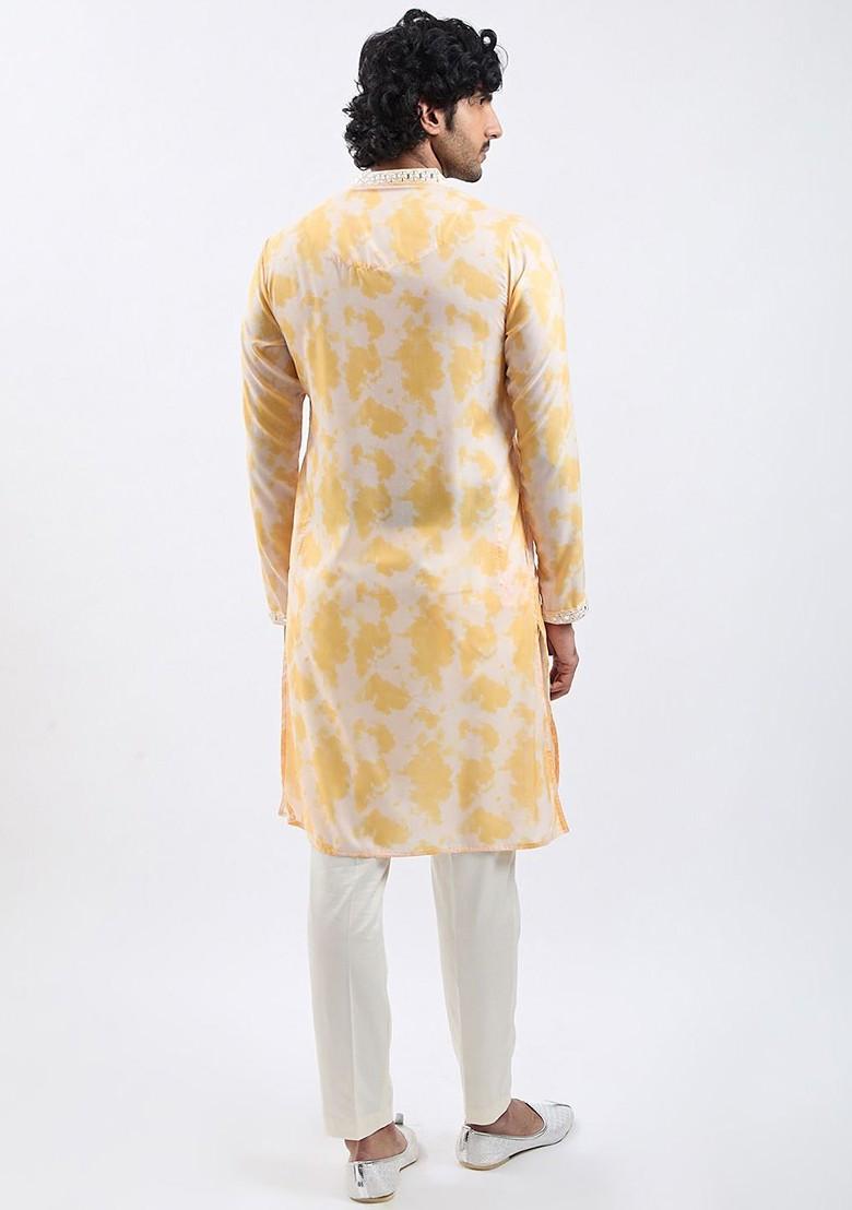 Yellow Floral Print Poly Blend Kurta Set For Men