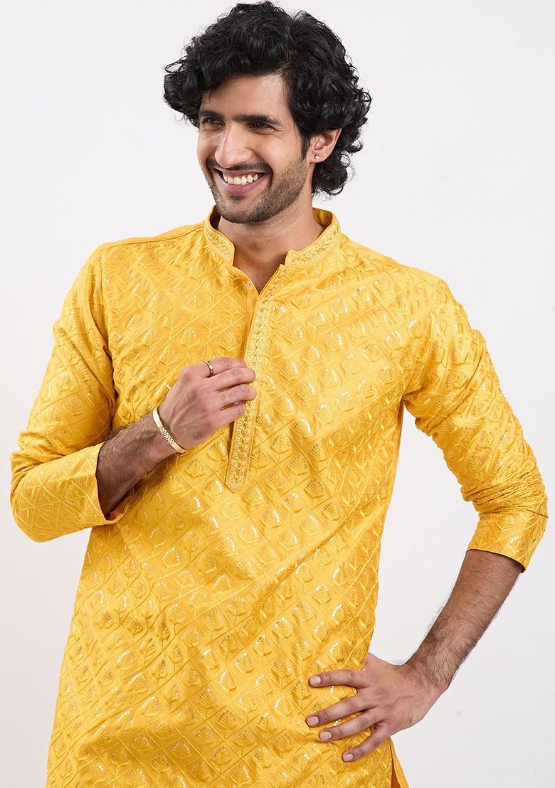 Yellow Floral Print Poly Blend Kurta Set For Men