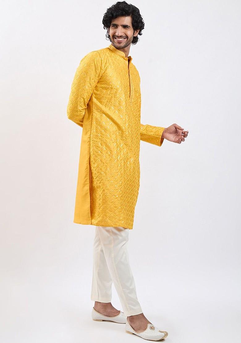 Yellow Floral Print Poly Blend Kurta Set For Men
