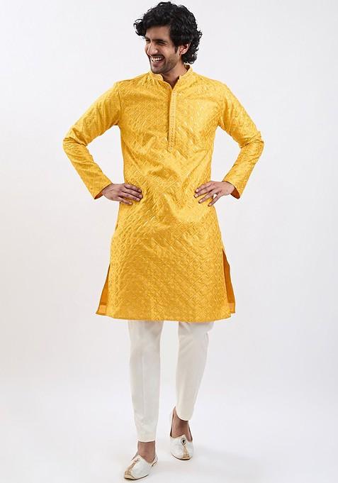 Yellow Floral Print Poly Blend Kurta Set For Men