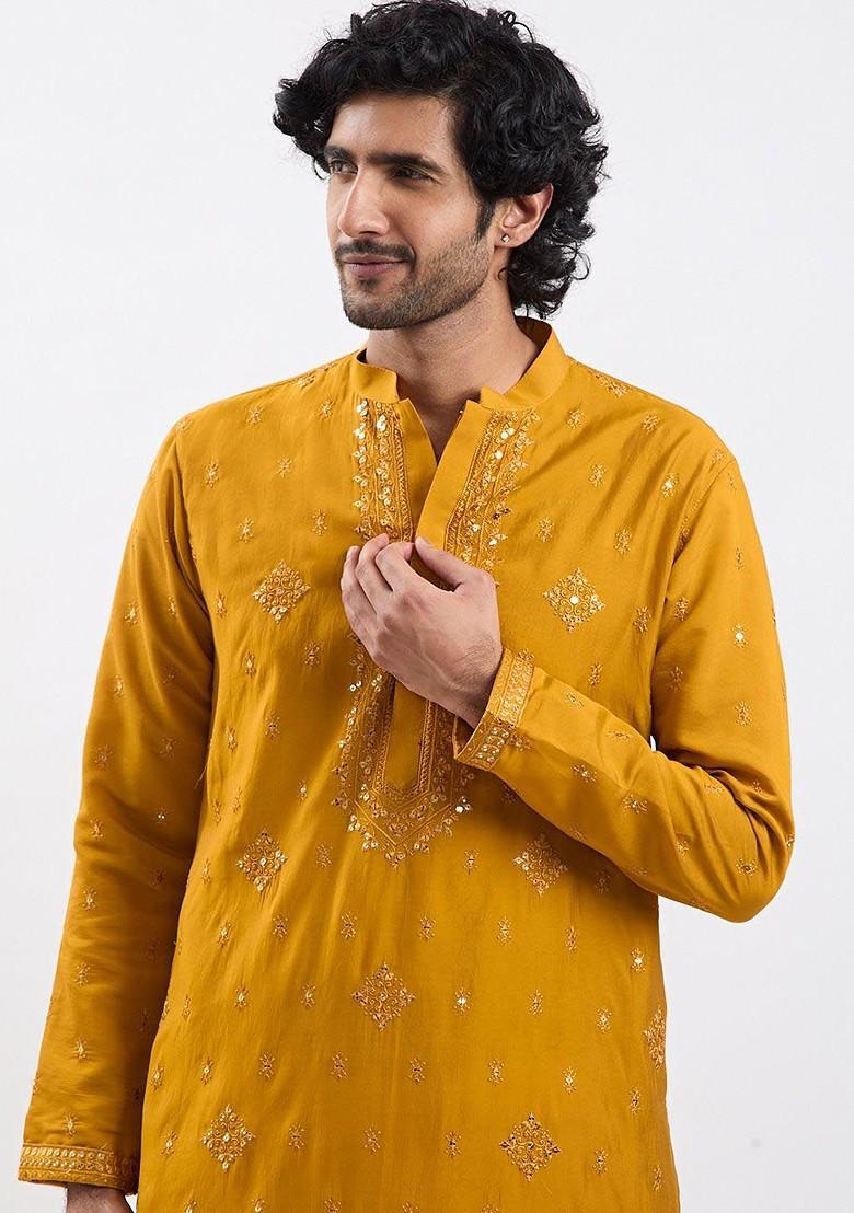 Mustard Floral Print Poly Blend Kurta Set For Men