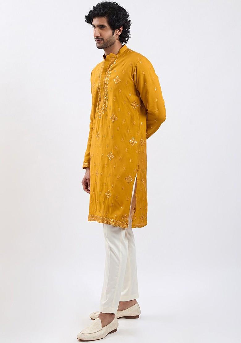 Mustard Floral Print Poly Blend Kurta Set For Men
