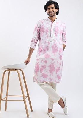 Pink Floral Print Poly Blend Kurta Set For Men