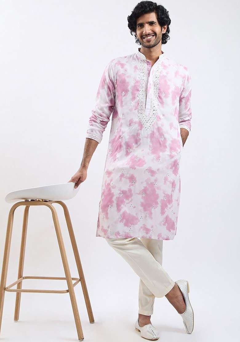 Pink Floral Print Poly Blend Kurta Set For Men - Indya