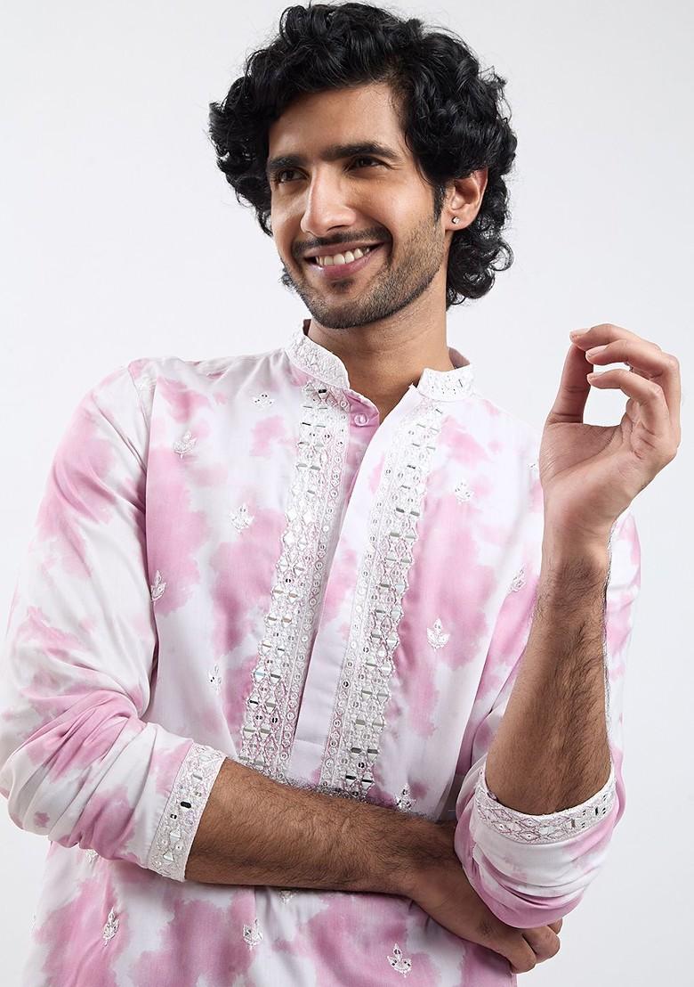 Pink Floral Print Poly Blend Kurta Set For Men