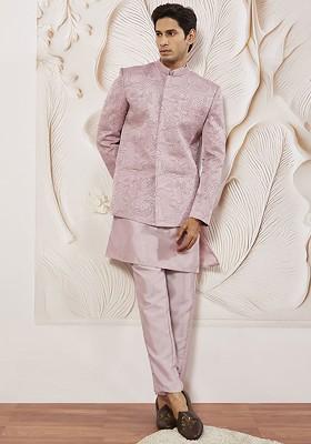 Lavender Solid Poly Blend Kurta Set For Men