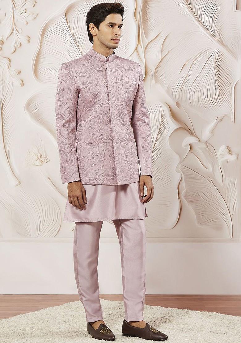 Lavender Solid Poly Blend Kurta Set For Men
