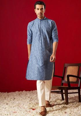 Blue Floral Print Poly Blend Kurta Set For Men