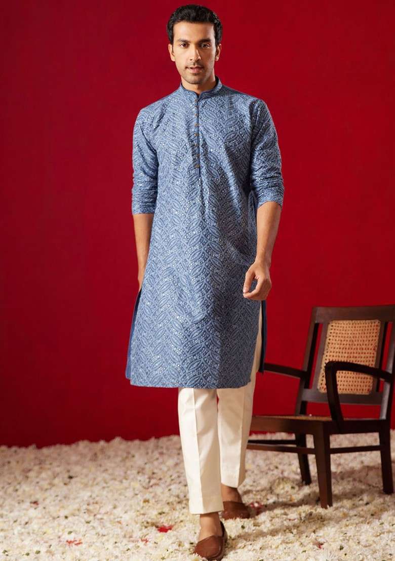Blue Floral Print Poly Blend Kurta Set For Men - Indya