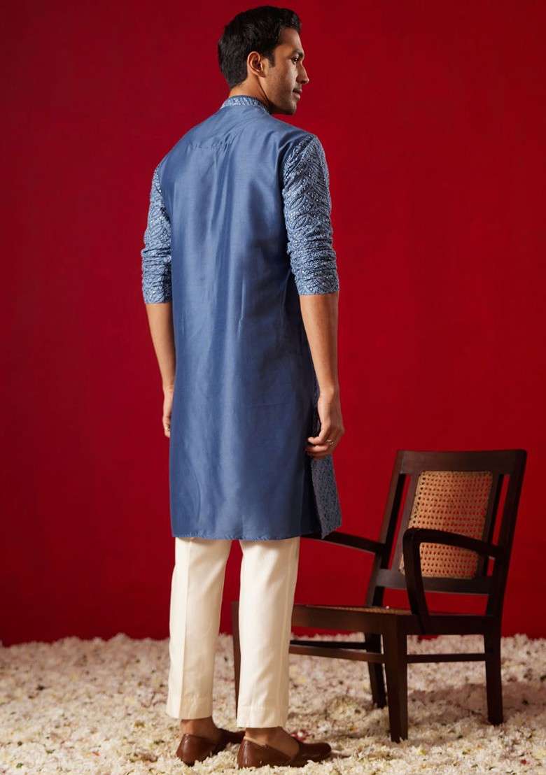 Blue Floral Print Poly Blend Kurta Set For Men - Indya