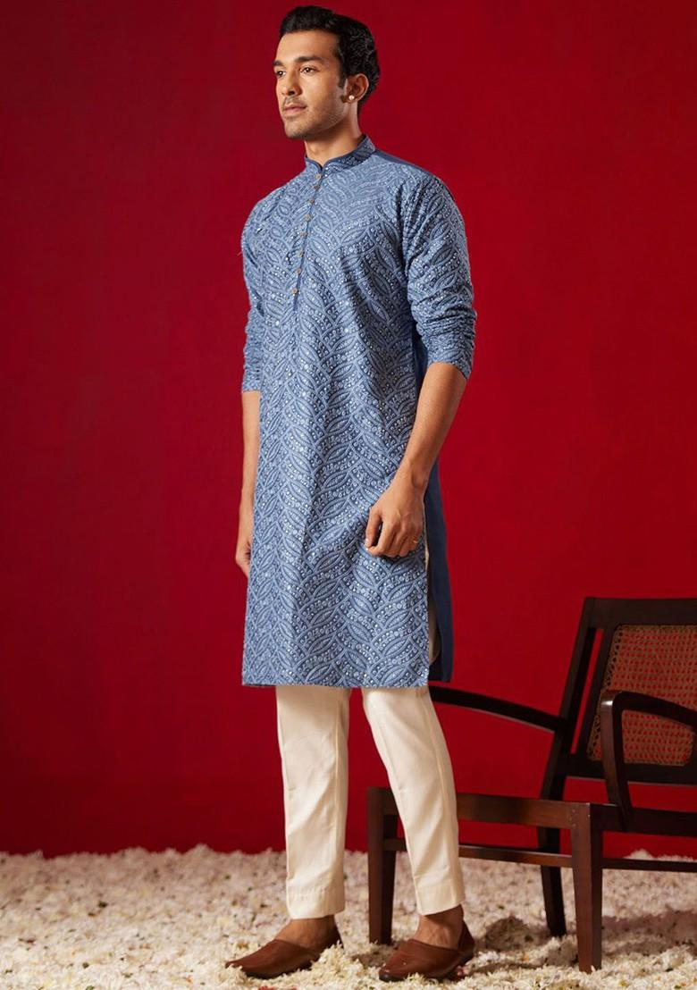 Blue Floral Print Poly Blend Kurta Set For Men