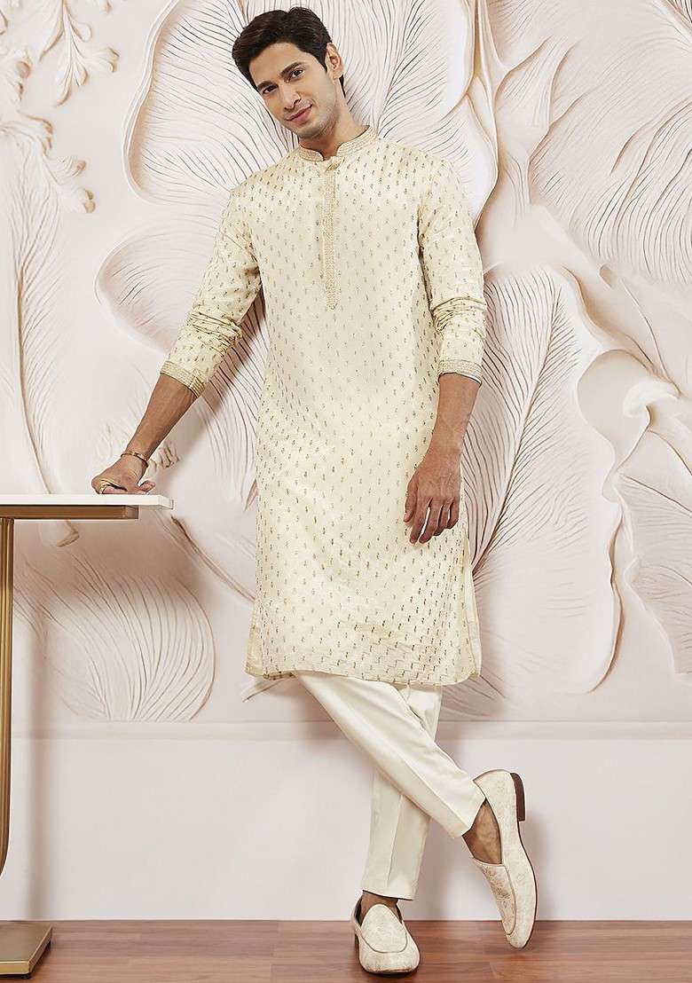 Cream Floral Print Poly Blend Kurta Set For Men - Indya