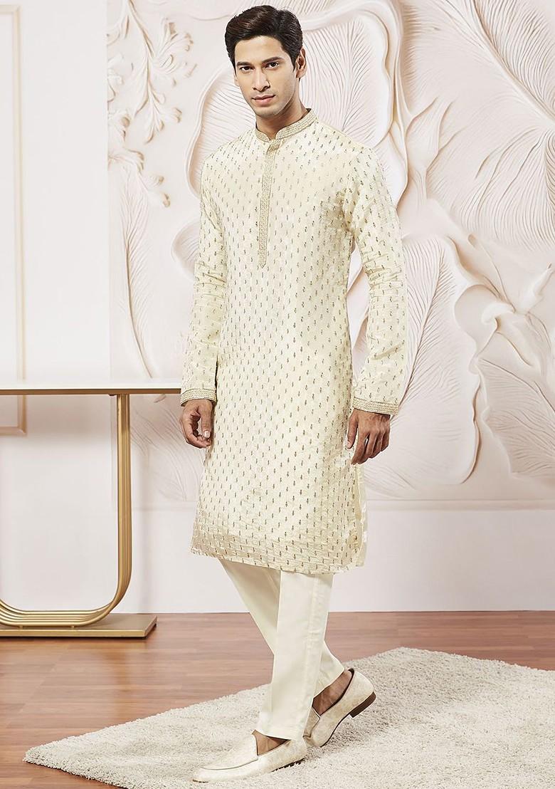Cream Floral Print Poly Blend Kurta Set For Men