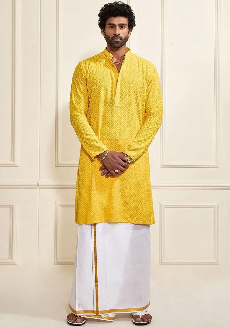 Yellow Embroidered Poly Blend Kurta Set For Men