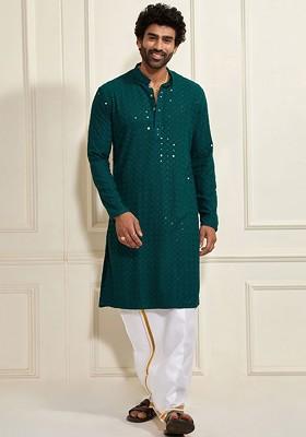 Green Embroidered Poly Blend Kurta Set For Men