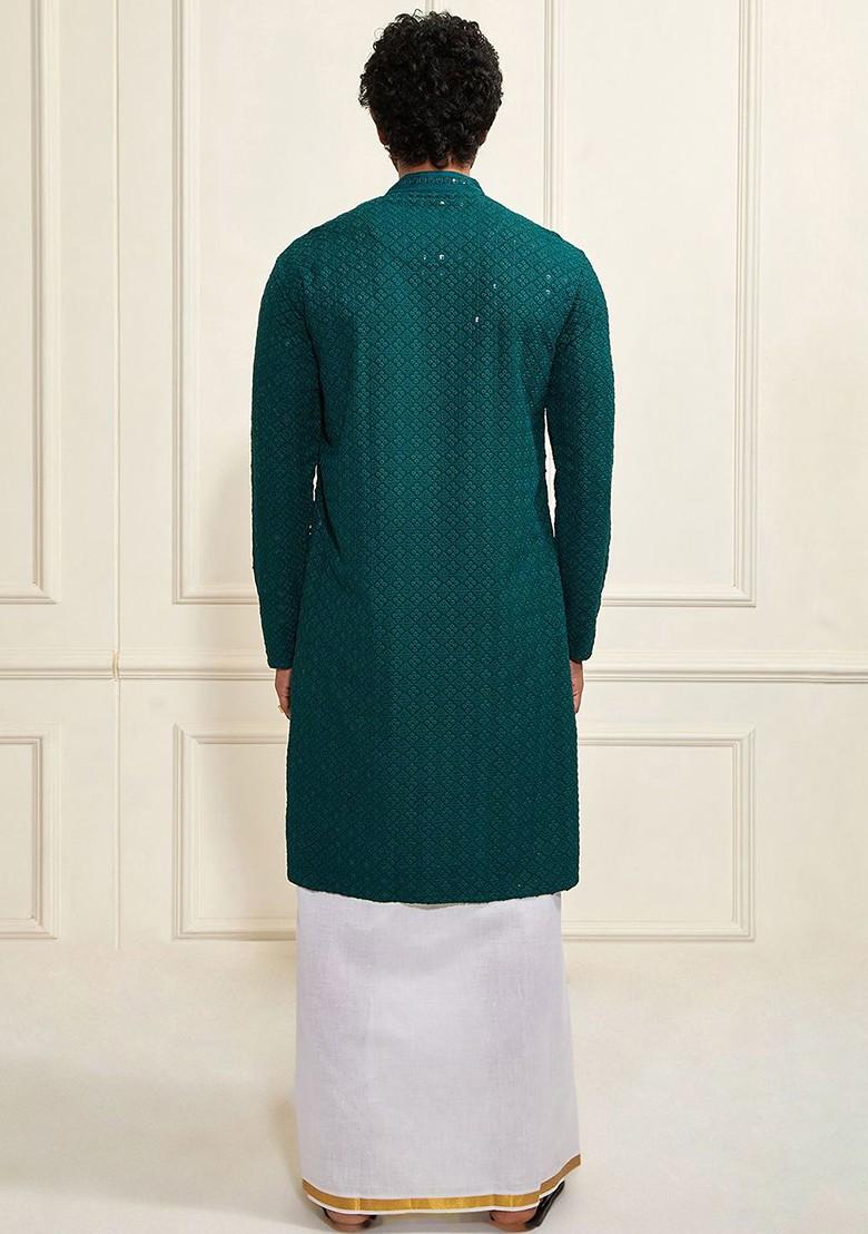 Green Embroidered Poly Blend Kurta Set For Men
