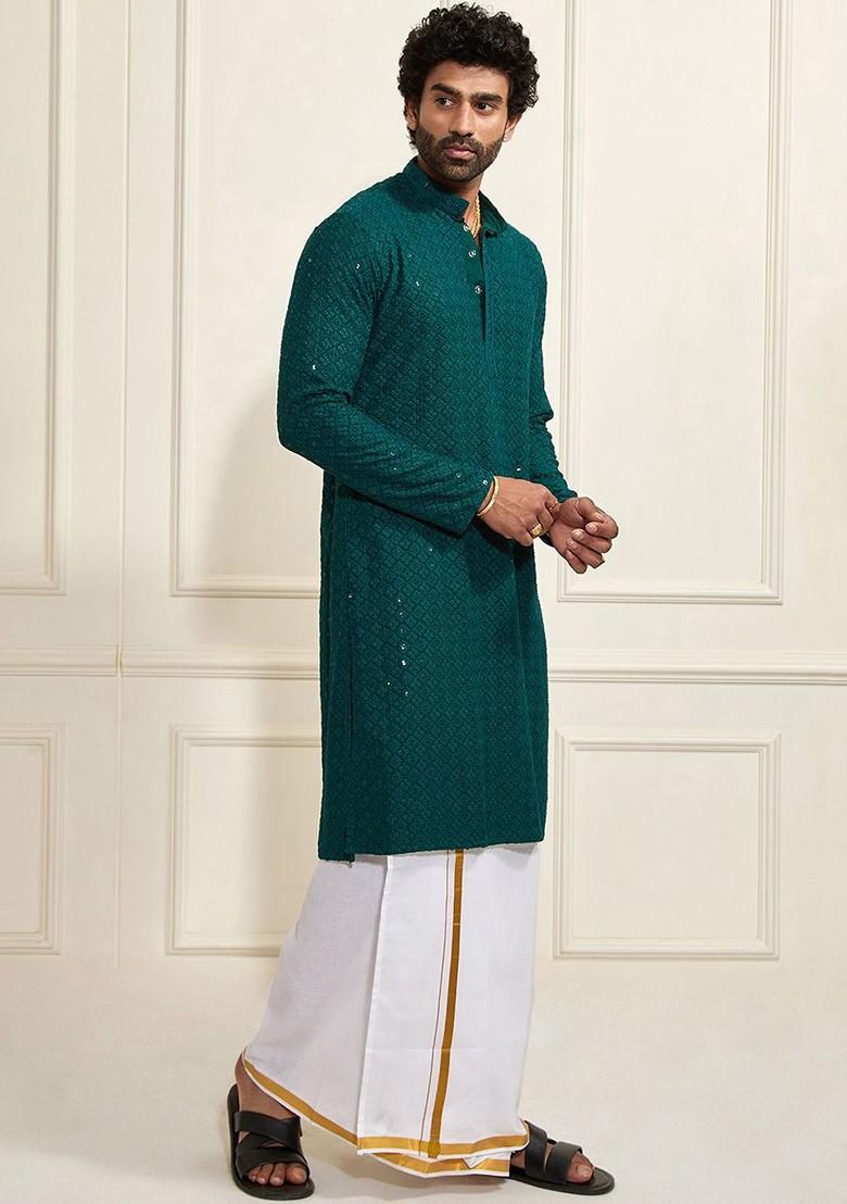 Green Embroidered Poly Blend Kurta Set For Men