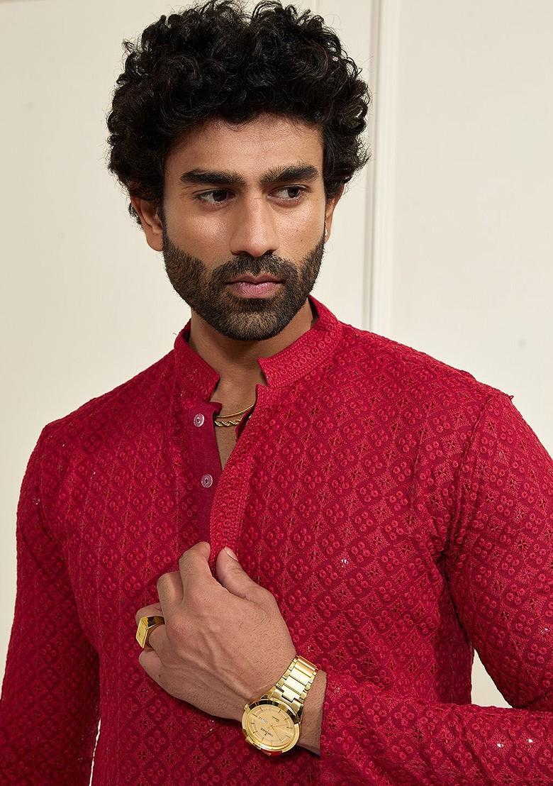 Maroon Embroidered Poly Blend Kurta Set For Men