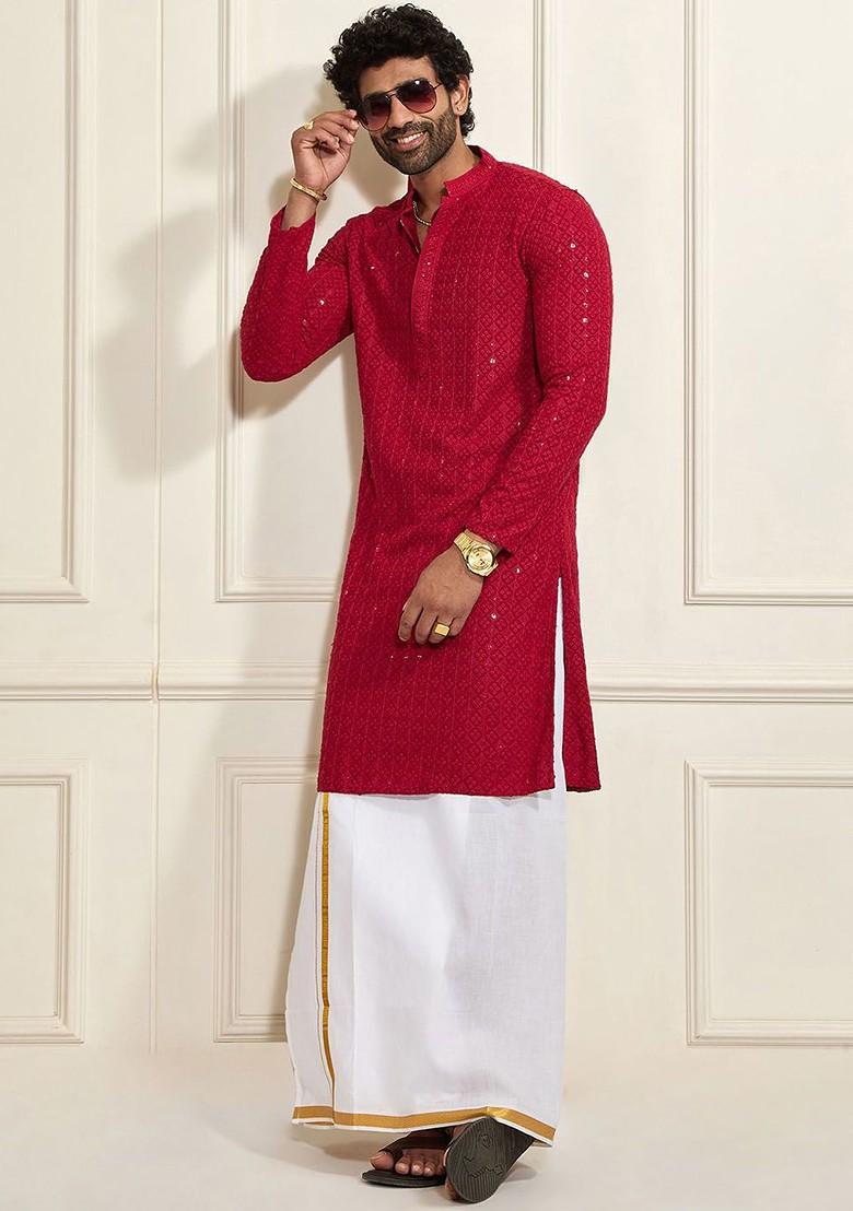 Maroon Embroidered Poly Blend Kurta Set For Men
