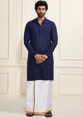 Navy Blue Ethnic Motifs Poly Blend Kurta Set For Men