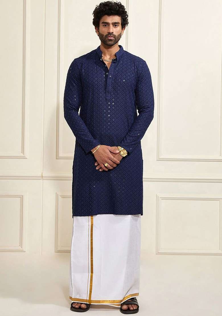 Navy Blue Ethnic Motifs Poly Blend Kurta Set For Men - Indya