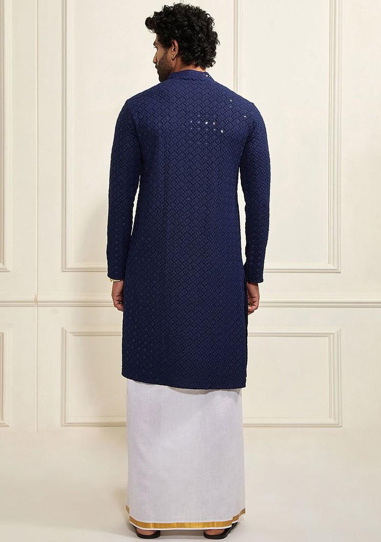 Navy Blue Ethnic Motifs Poly Blend Kurta Set For Men