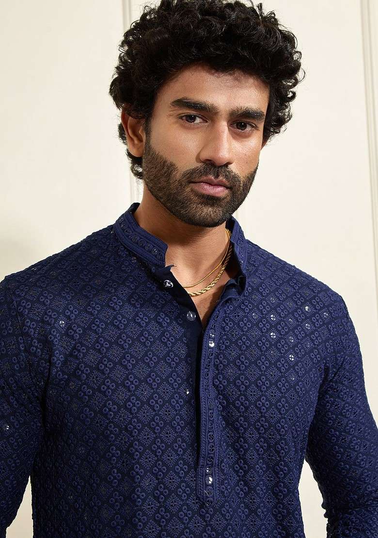 Navy Blue Ethnic Motifs Poly Blend Kurta Set For Men - Indya