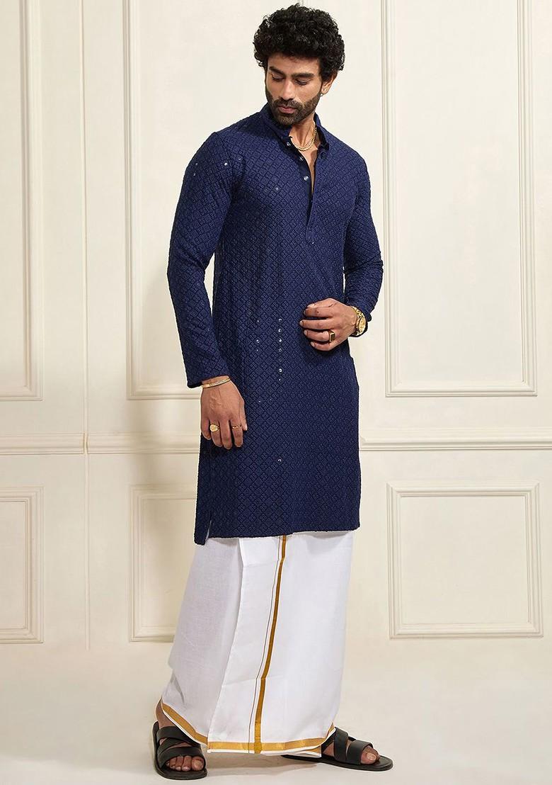 Navy Blue Ethnic Motifs Poly Blend Kurta Set For Men