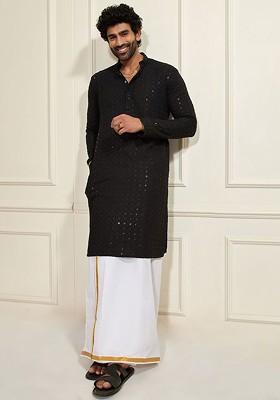 Black Embroidered Poly Blend Kurta Set For Men