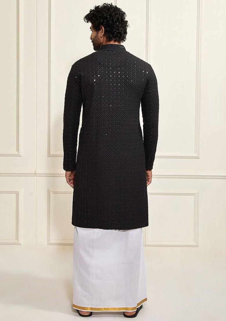 Black Embroidered Poly Blend Kurta Set For Men