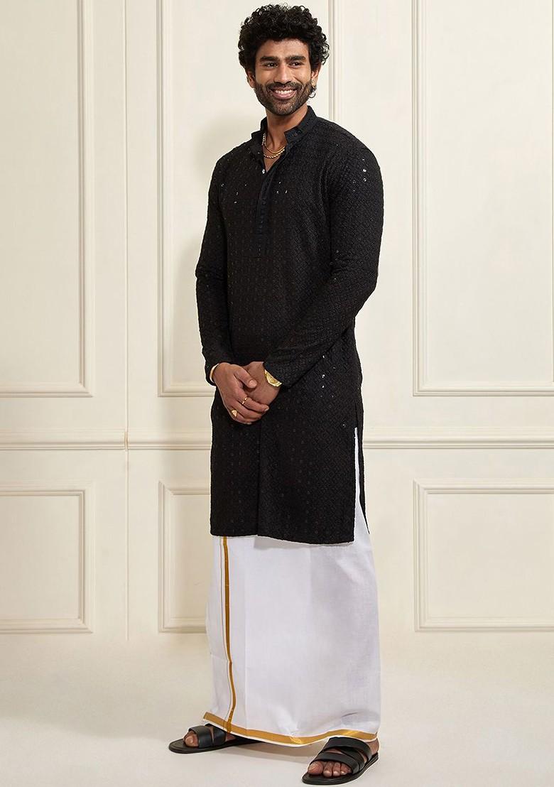 Black Embroidered Poly Blend Kurta Set For Men