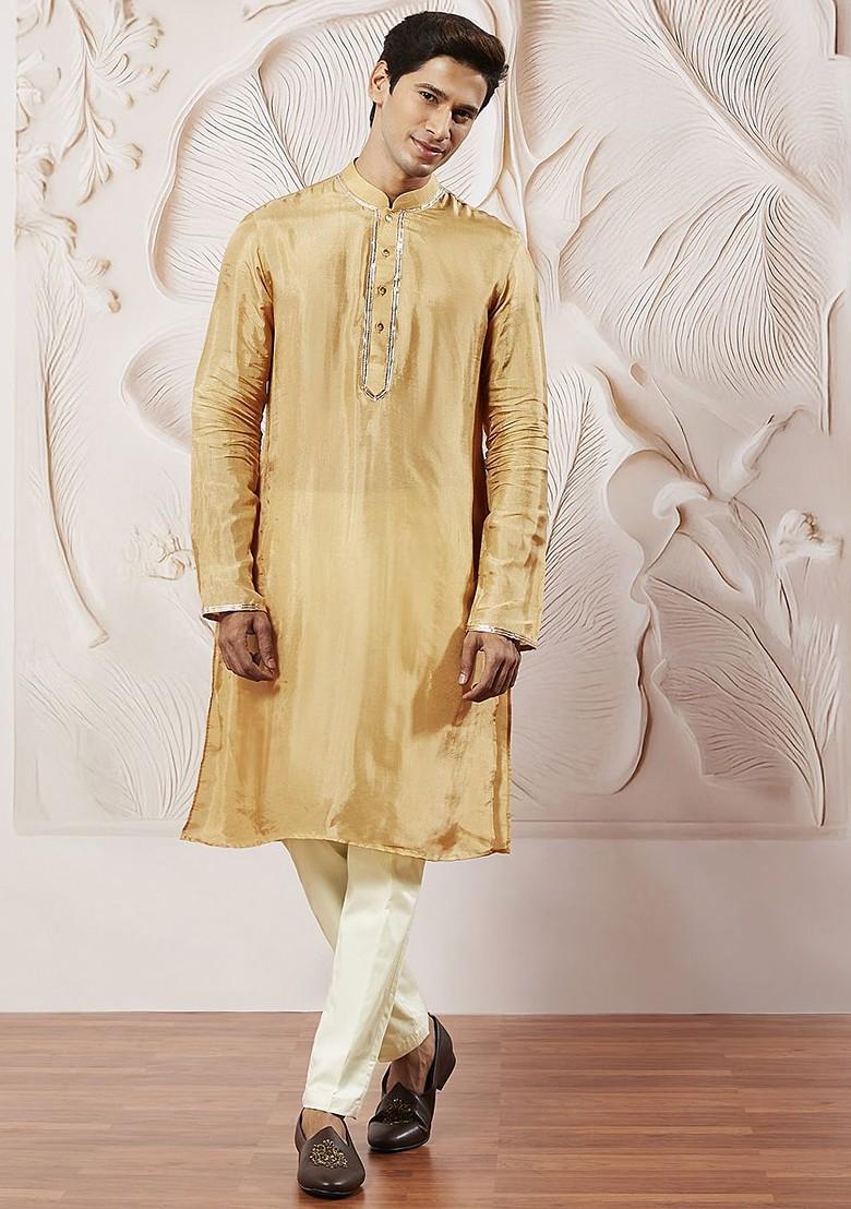 Gold Solid Poly Blend Kurta Set For Men