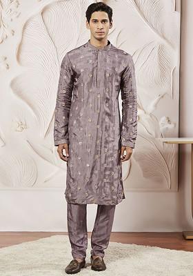 Lavender Floral Print Poly Blend Kurta Set For Men