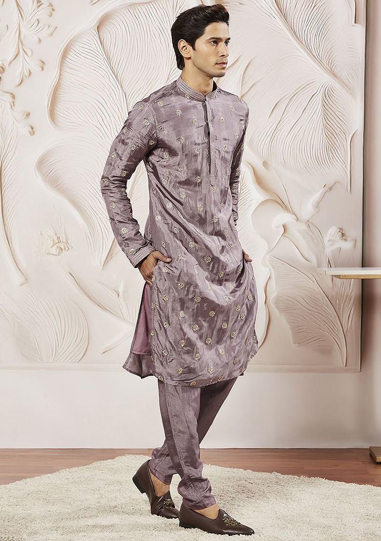 Lavender Floral Print Poly Blend Kurta Set For Men