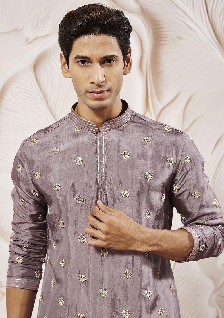 Lavender Floral Print Poly Blend Kurta Set For Men