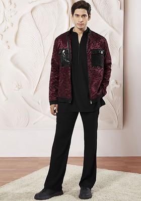 Burgundy Solid Poly Blend Kurta Set For Men