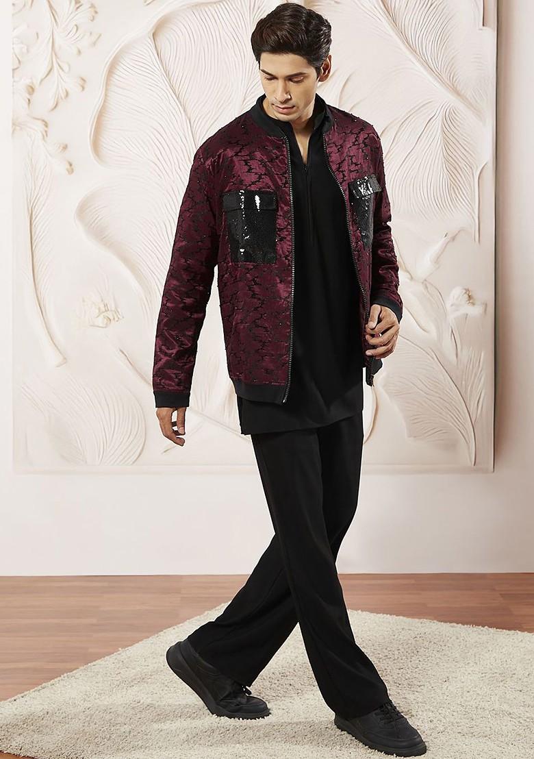 Burgundy Solid Poly Blend Kurta Set For Men