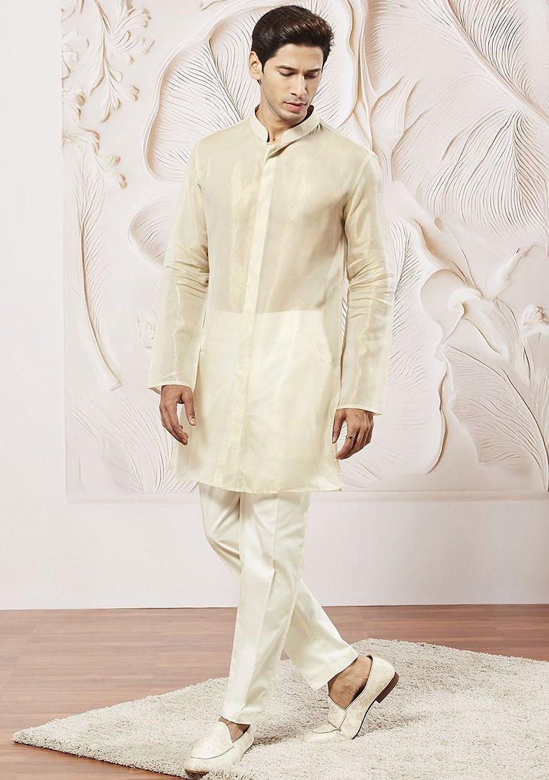 Beige Solid Poly Blend Kurta Set For Men