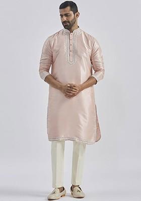 Peach Ethnic Motifs Poly Blend Kurta Set For Men