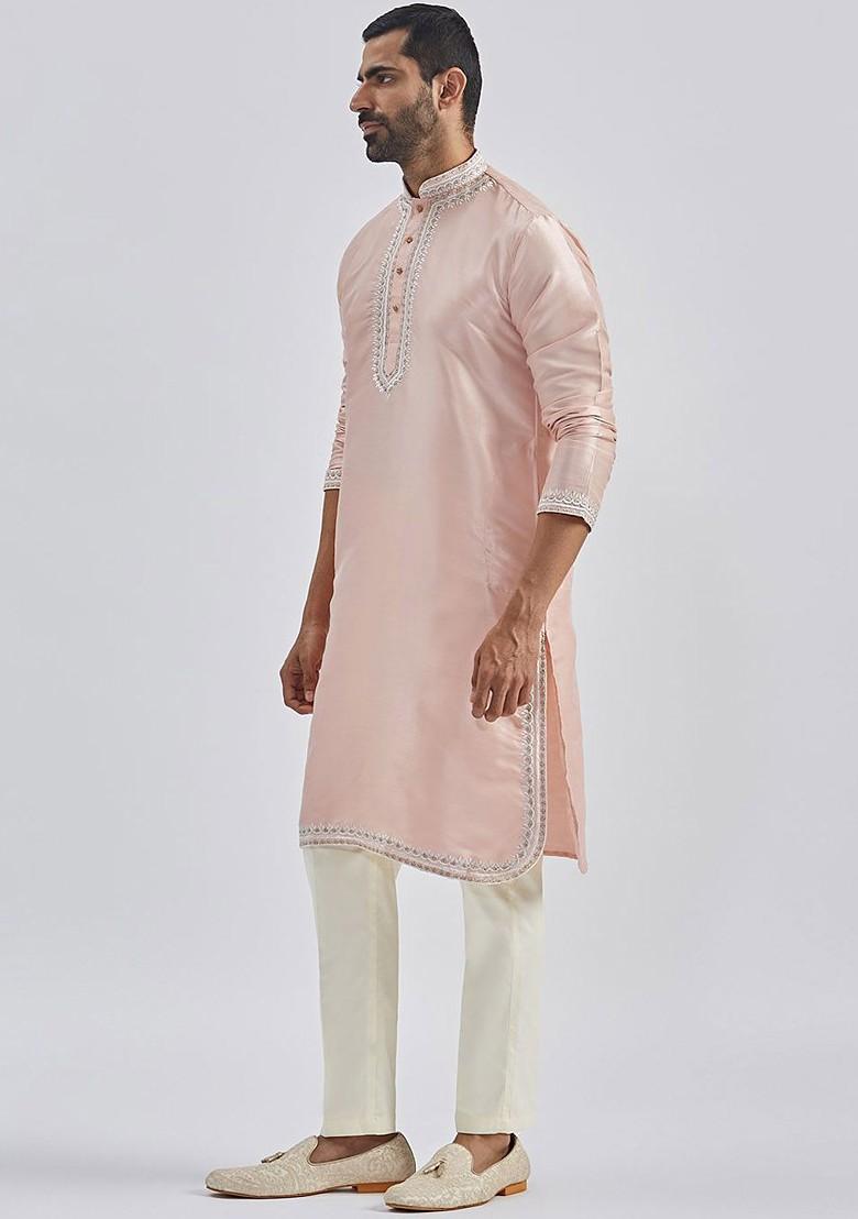 Peach Ethnic Motifs Poly Blend Kurta Set For Men