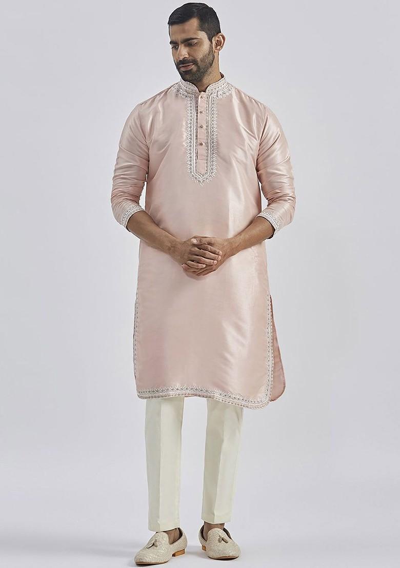 Peach Ethnic Motifs Poly Blend Kurta Set For Men
