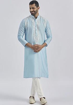 Blue Thread Work Poly Blend Kurta Set For Men