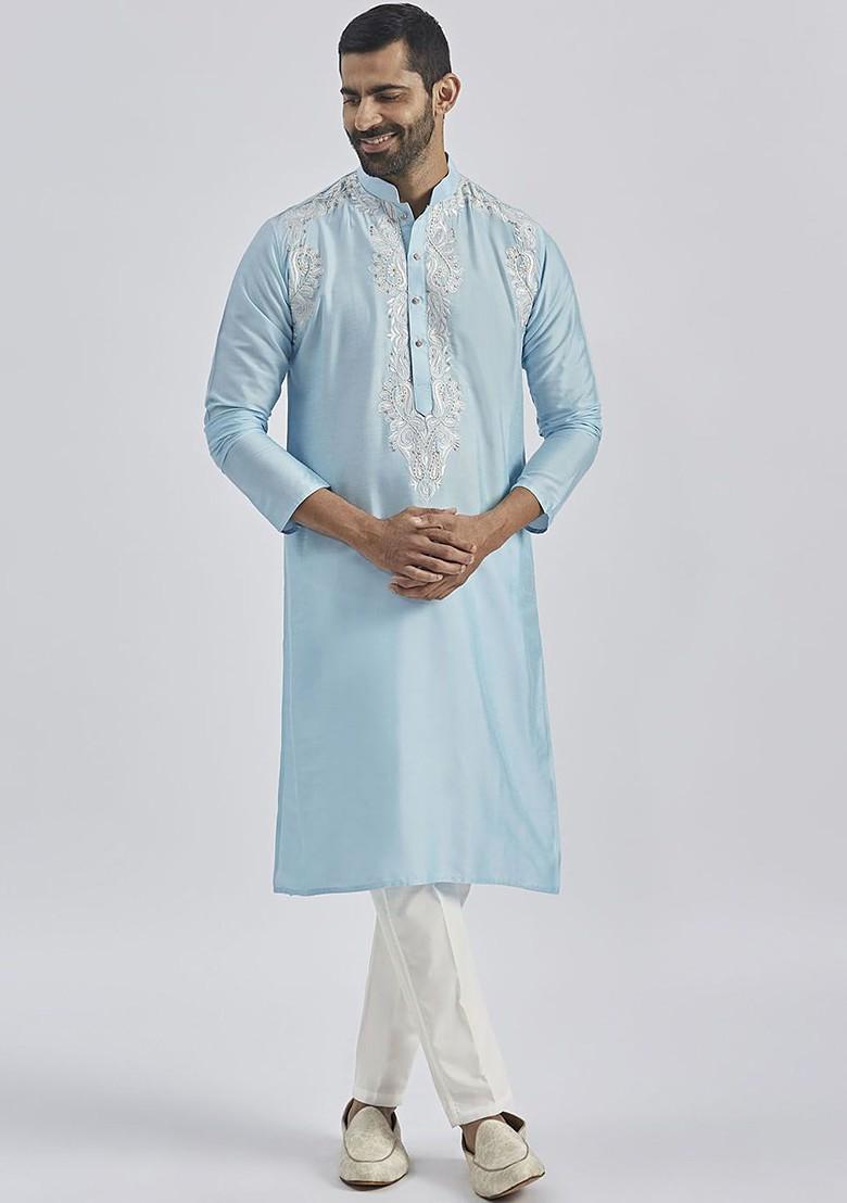 Blue Thread Work Poly Blend Kurta Set For Men