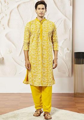 Mustard Floral Print Poly Blend Kurta Set For Men