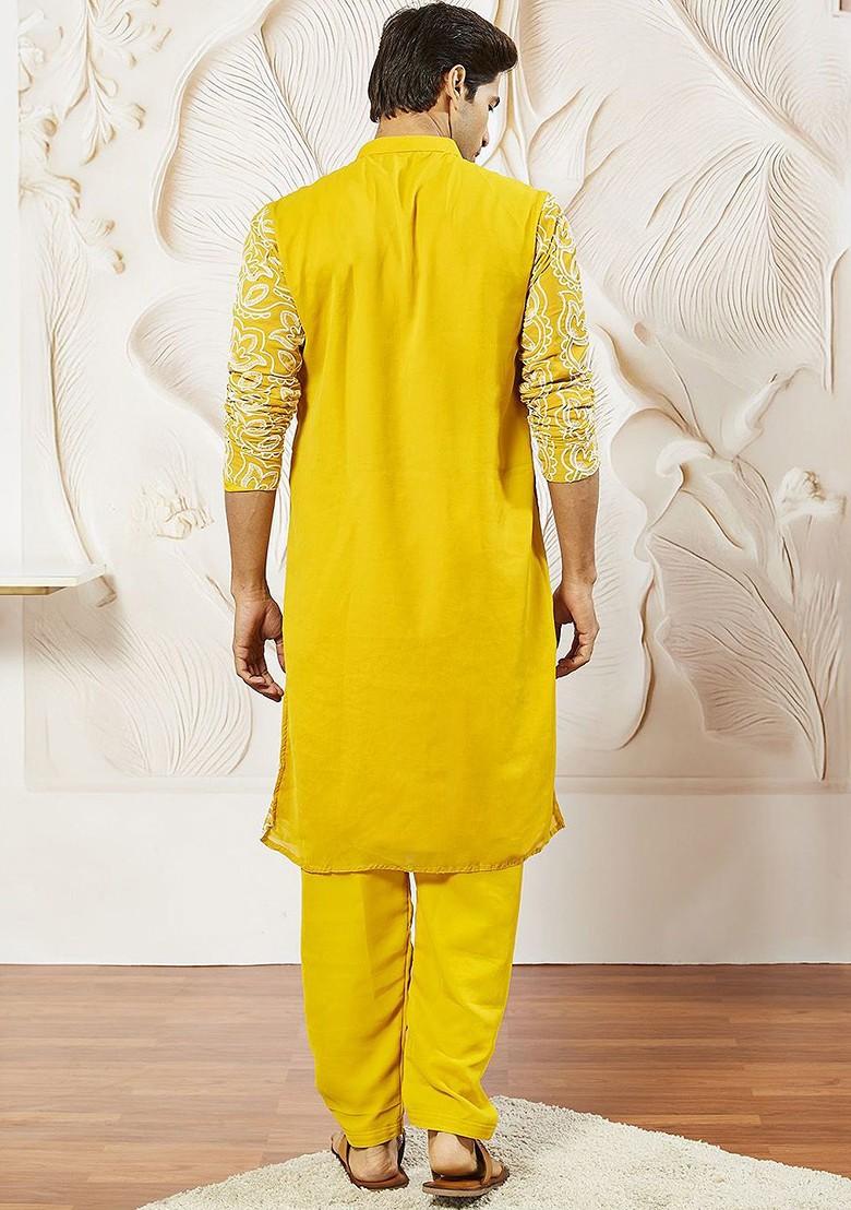 Mustard Floral Print Poly Blend Kurta Set For Men