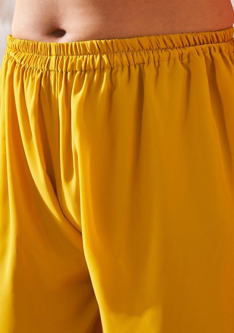 Mustard Floral Print Poly Blend Kurta Set For Men