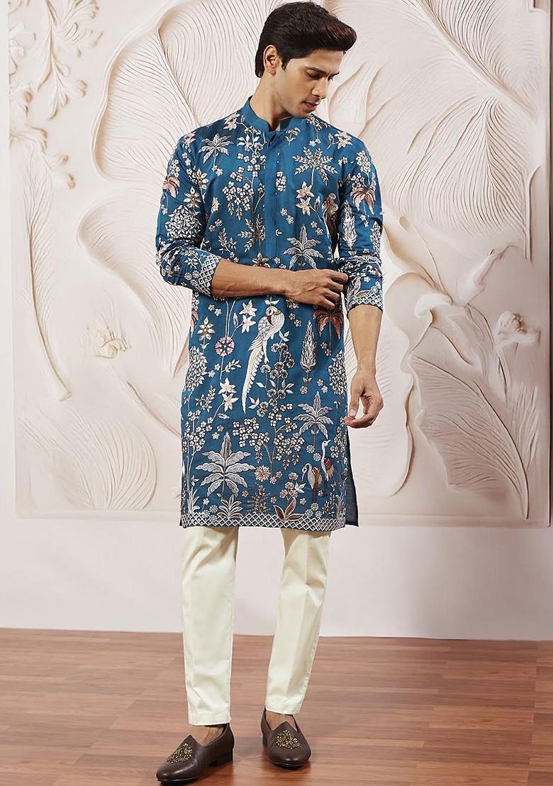 Turquoise Blue Floral Print Poly Blend Kurta Set For Men