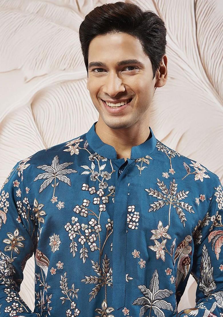 Turquoise Blue Floral Print Poly Blend Kurta Set For Men
