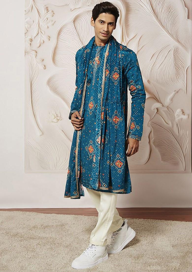 Turquoise Blue Bandhani Print Poly Blend Kurta Set For Men