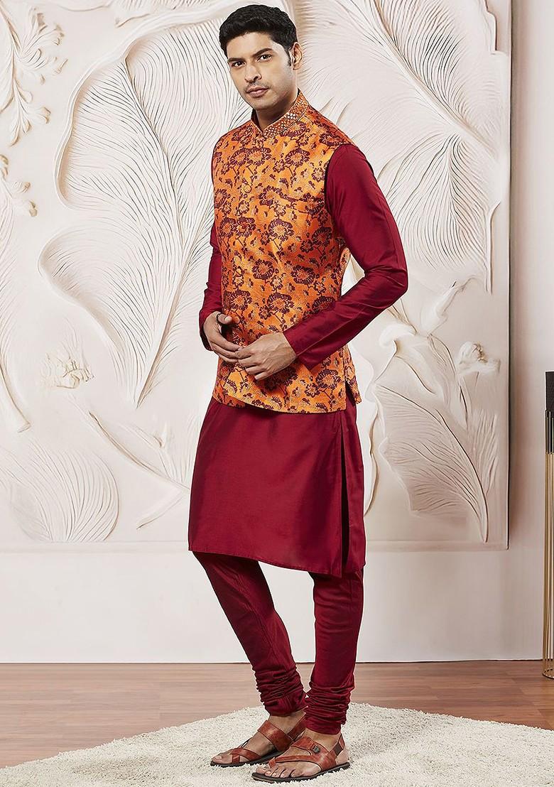 Rust Printed Poly Blend Kurta Set For Men